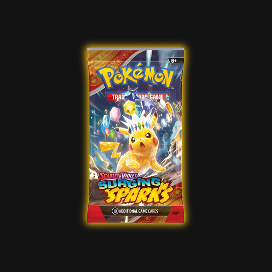 Pokémon Surging Sparks booster pack (English). Open for a chance to pull powerful Electric-type Pokémon cards.